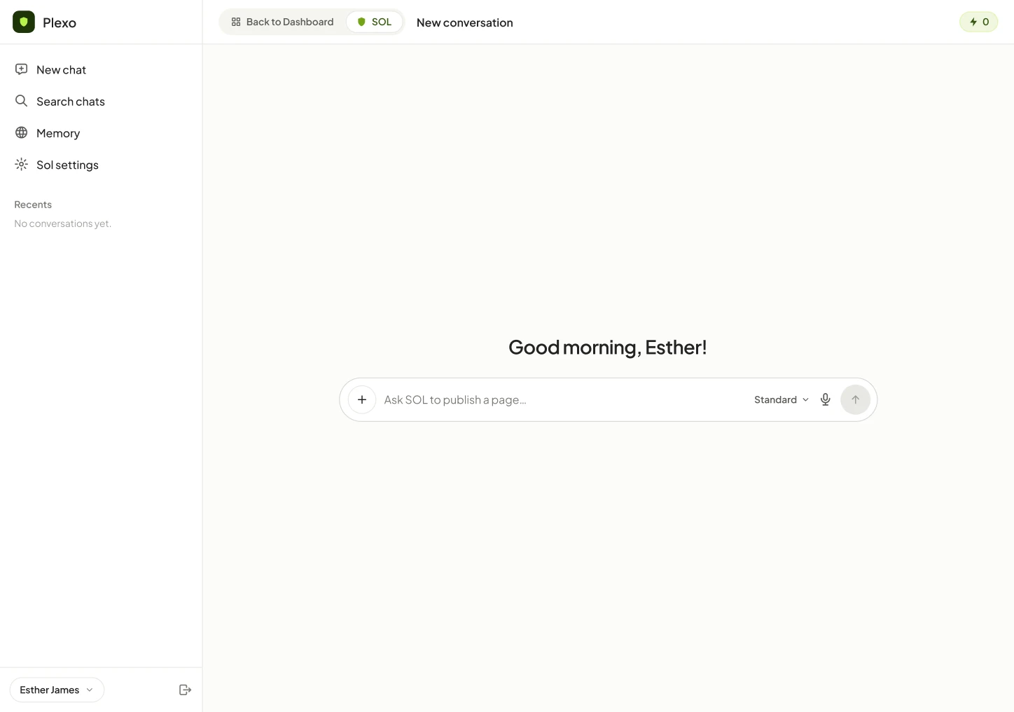 Plexo AI assistant SOL with an empty new conversation: “Good morning, Esther!” above a prompt box reading “Ask SOL to publish a page…”.