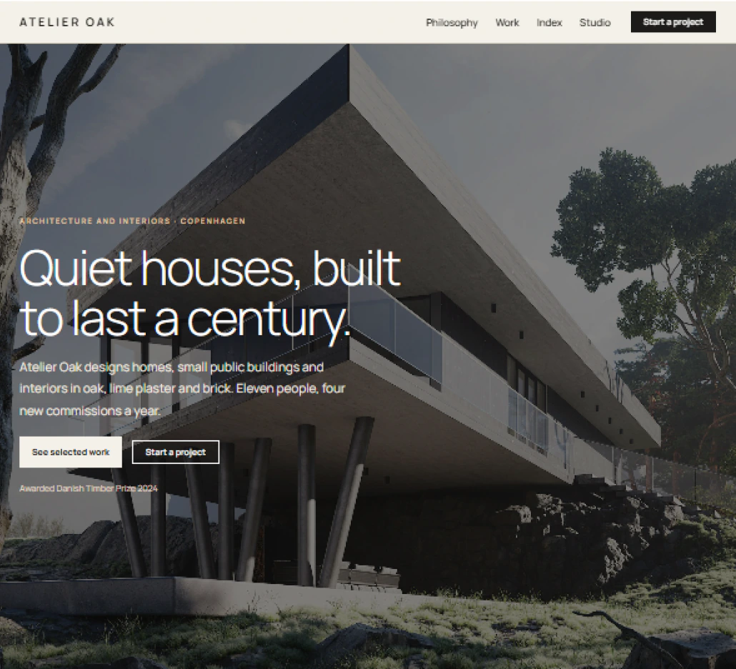 Architecture studio template: Atelier Oak, “Quiet houses, built to last a century.”