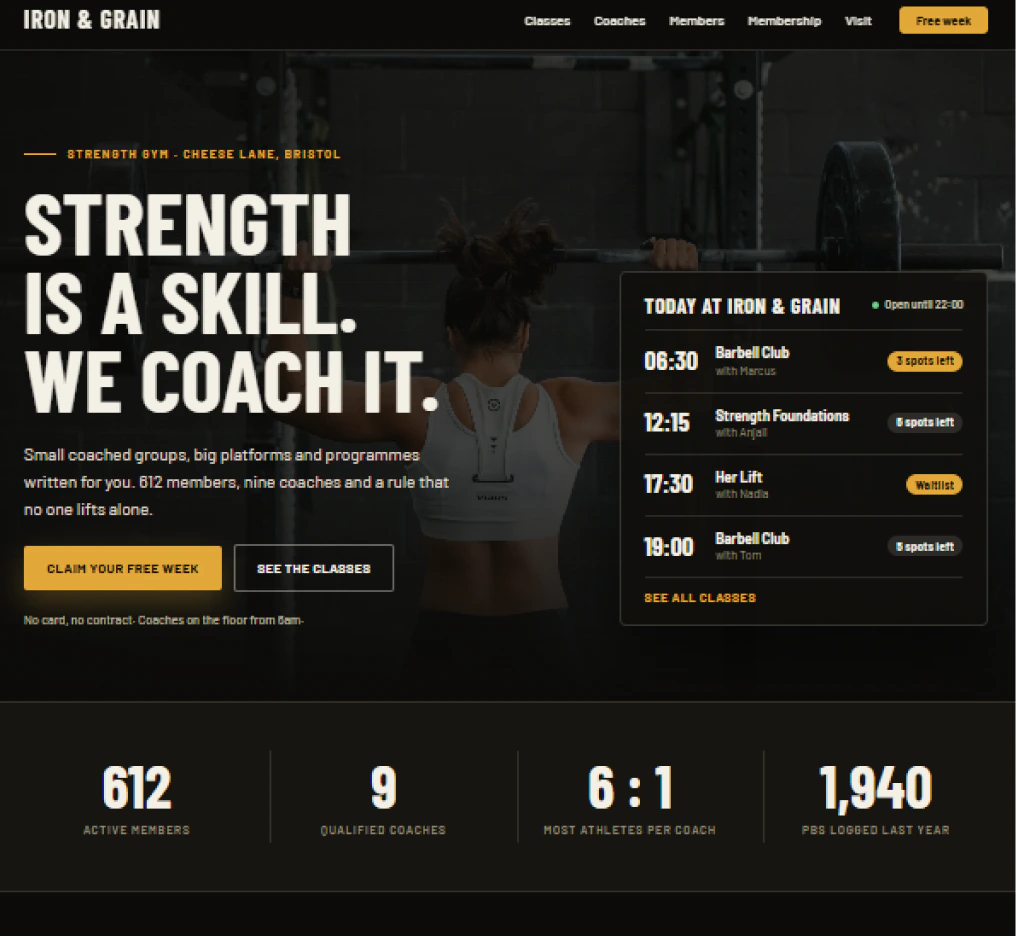 Gym template: Iron & Grain, “Strength is a skill. We coach it.”