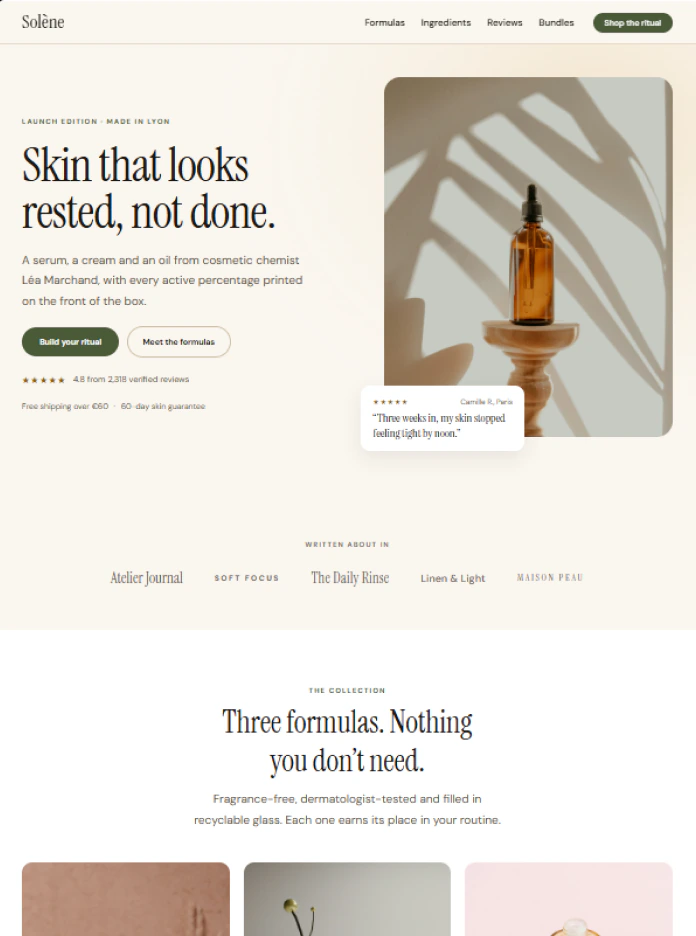 Skincare store template: Solène, “Skin that looks rested, not done.”